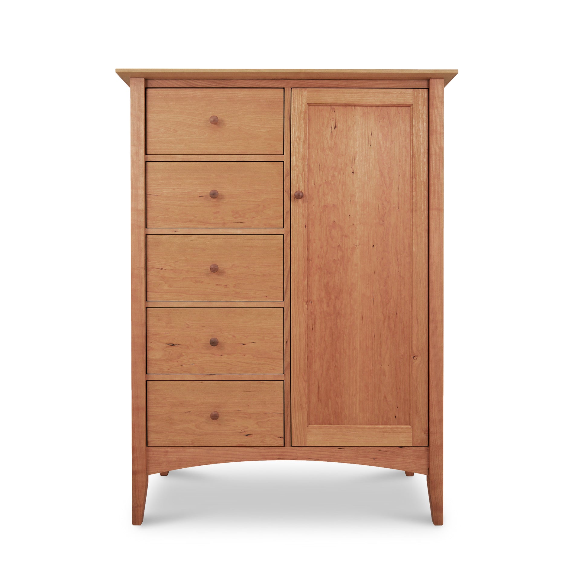 American Shaker Sweater Chest by Maple Corner Woodworks with five left-side drawers and one tall right-side cabinet door, showcasing fine Vermont craftsmanship.
