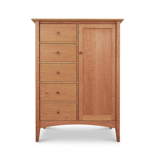 American Shaker Sweater Chest by Maple Corner Woodworks with five left-side drawers and one tall right-side cabinet door, showcasing fine Vermont craftsmanship.