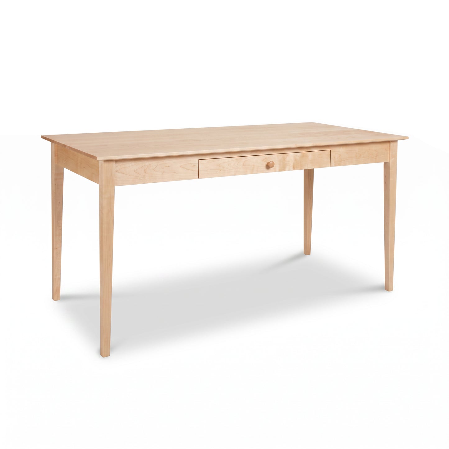 American Shaker Writing Desk by Maple Corner Woodworks with center drawer, tapered legs, and handcrafted Vermont quality shown prominently.