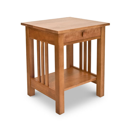 Lyndon Furniture American Mission Nightstand with drawer, slatted sides, and lower shelf, crafted in wood and showcased for detailed view.