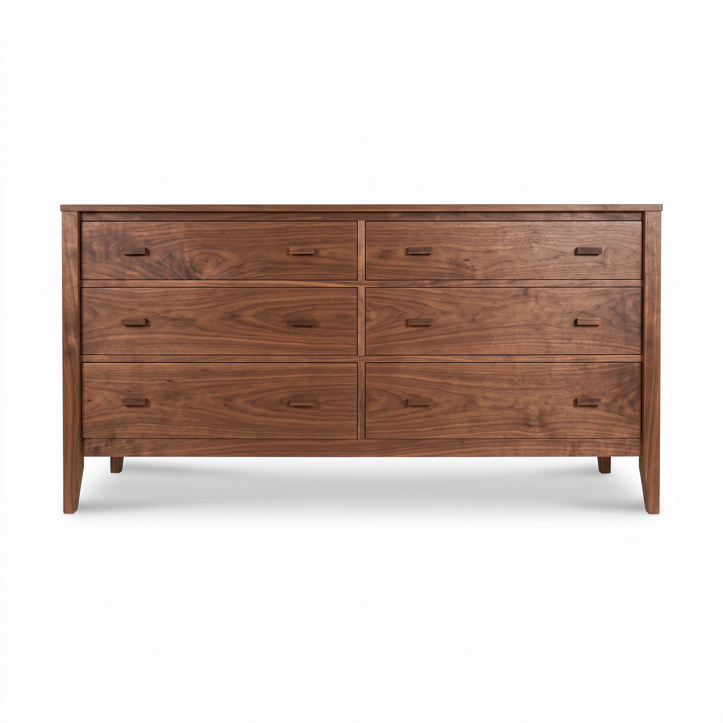 Maple Corner Woodworks Andover Modern 6-Drawer Dresser in solid walnut, featuring angled legs and a flat top, handcrafted by Vermont artisans.