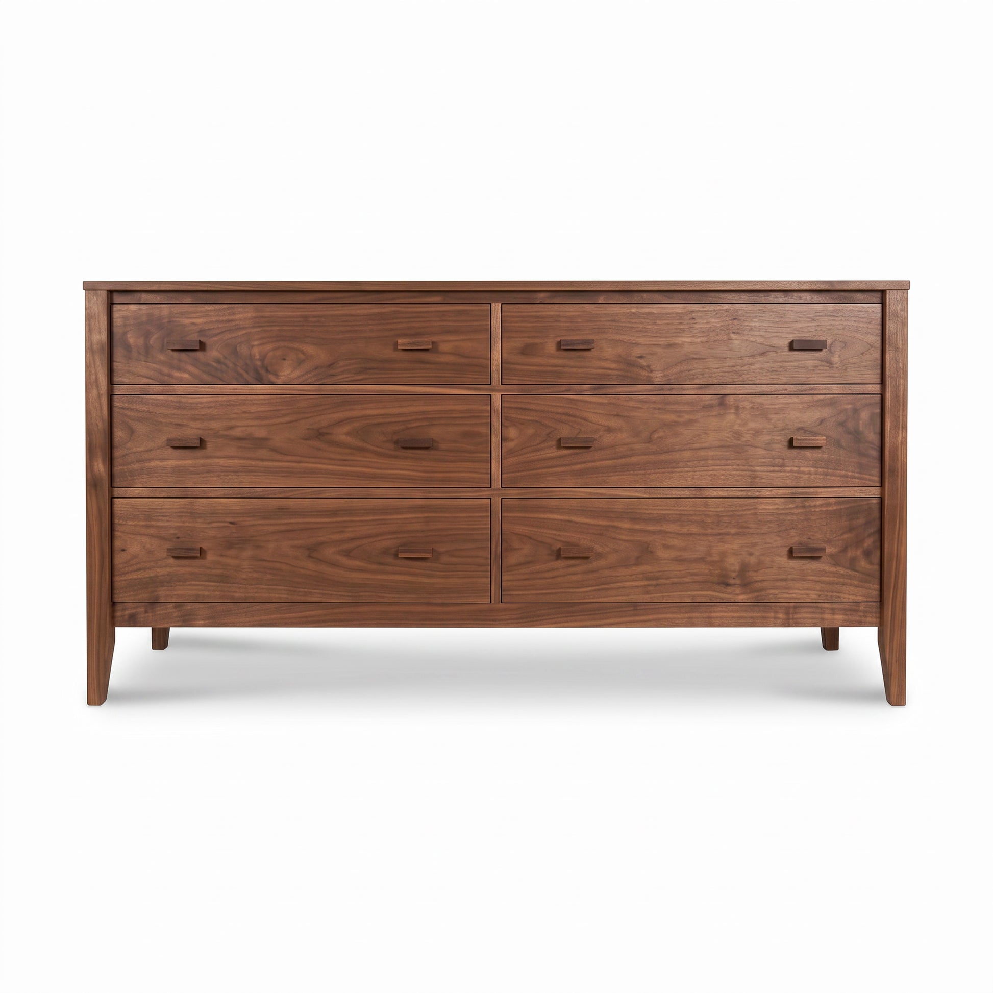 Maple Corner Woodworks Andover Modern 6-Drawer Dresser in solid walnut, featuring angled legs and a flat top, handcrafted by Vermont artisans.
