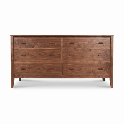 Maple Corner Woodworks Andover Modern 6-Drawer Dresser in solid walnut, featuring angled legs and a flat top, handcrafted by Vermont artisans.
