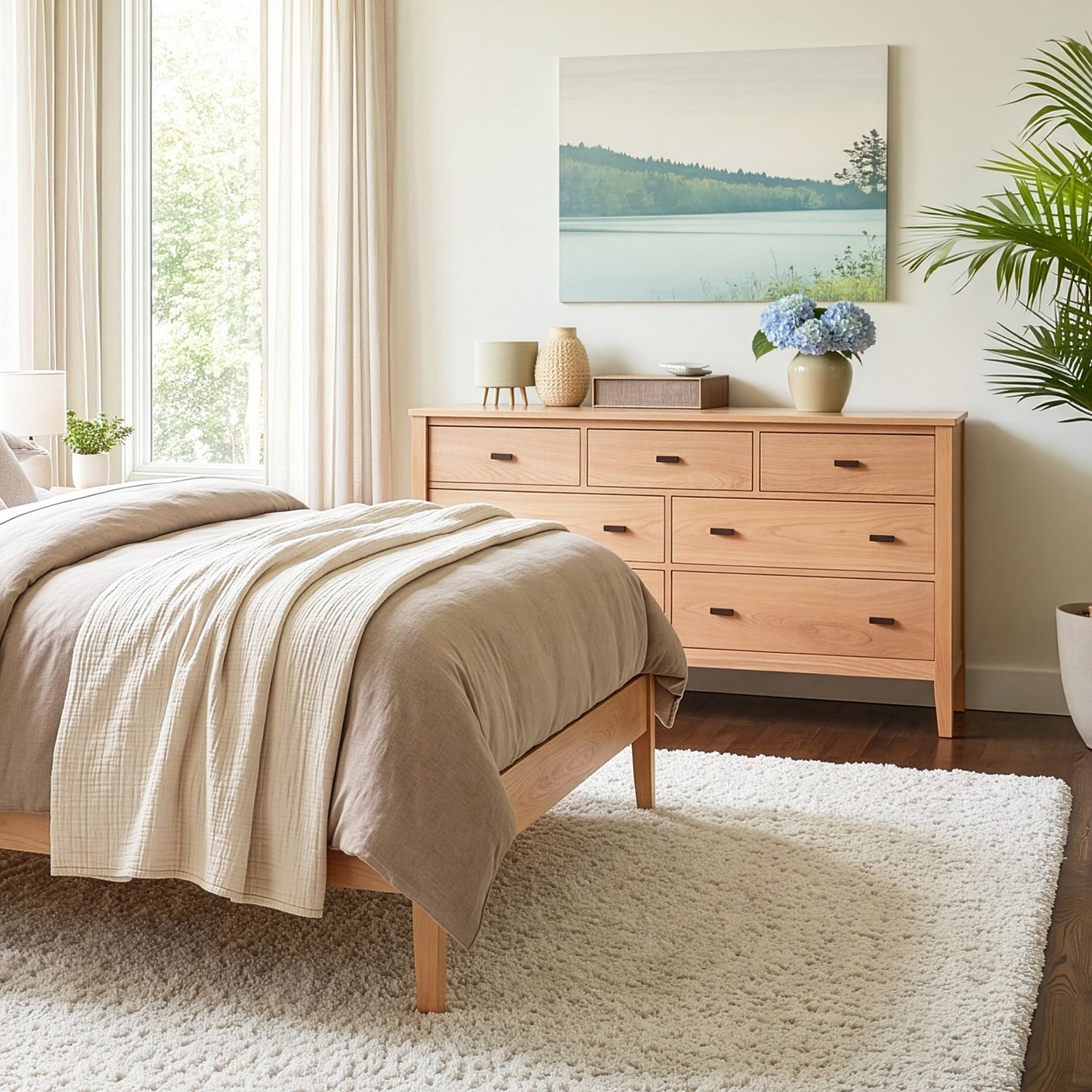 Maple Corner Woodworks Andover Modern 7-Drawer Dresser and wooden bed set, handcrafted in Vermont, featured in a bedroom with neutral bedding.