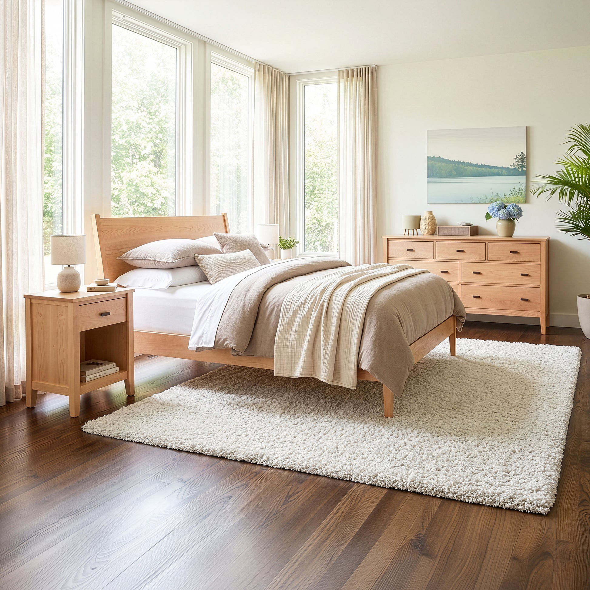 Andover Modern Incline Bed by Maple Corner Woodworks showcased with matching nightstand and dresser, highlighting American made bedroom furniture.
