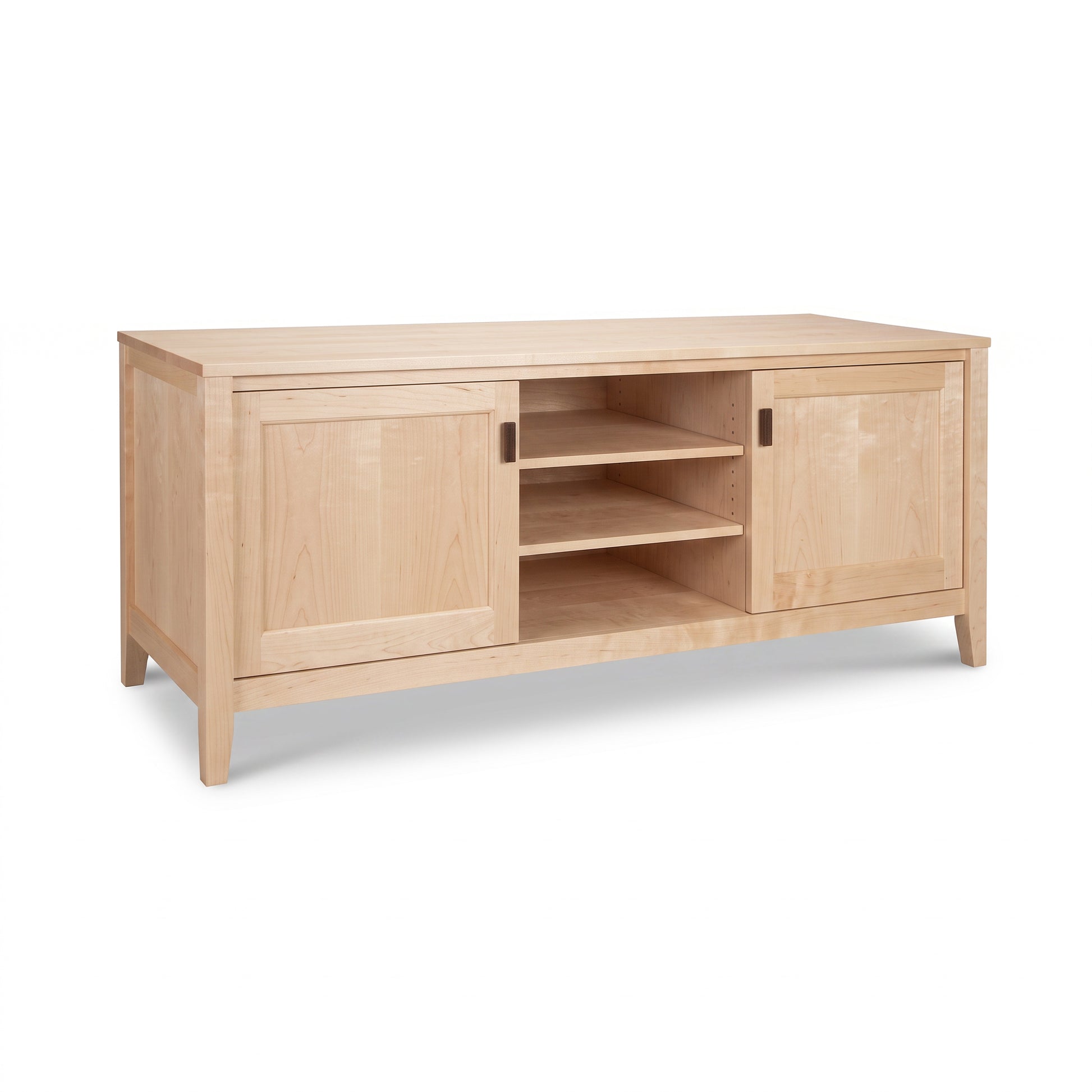 Andover Modern 64″ TV Stand by Maple Corner Woodworks features 2 cabinets, 3 open shelves, and a rectangular top on low legs.