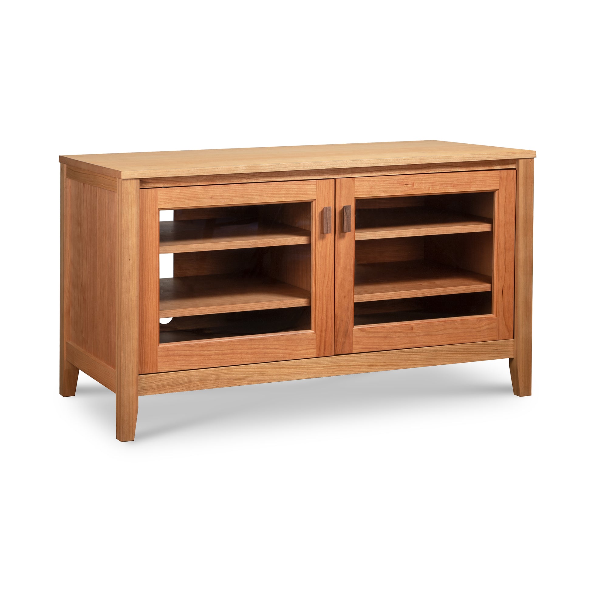 Andover Modern 45" TV Stand by Maple Corner Woodworks, crafted from sustainable hardwood with glass double doors and interior shelves.