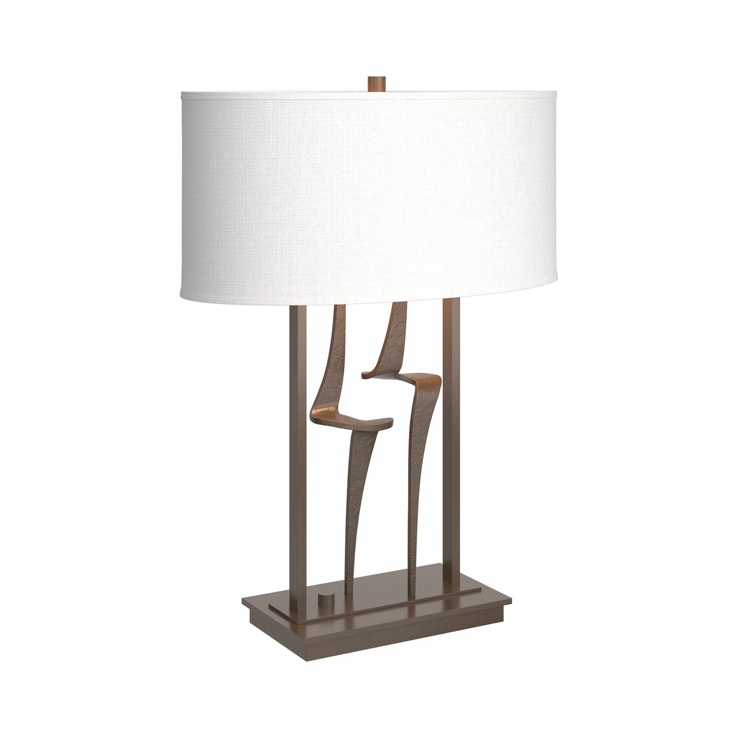Antasia #1 Table Lamp by Hubbardton Forge with a bronze base, artistic metal accents, and a rectangular white shade.