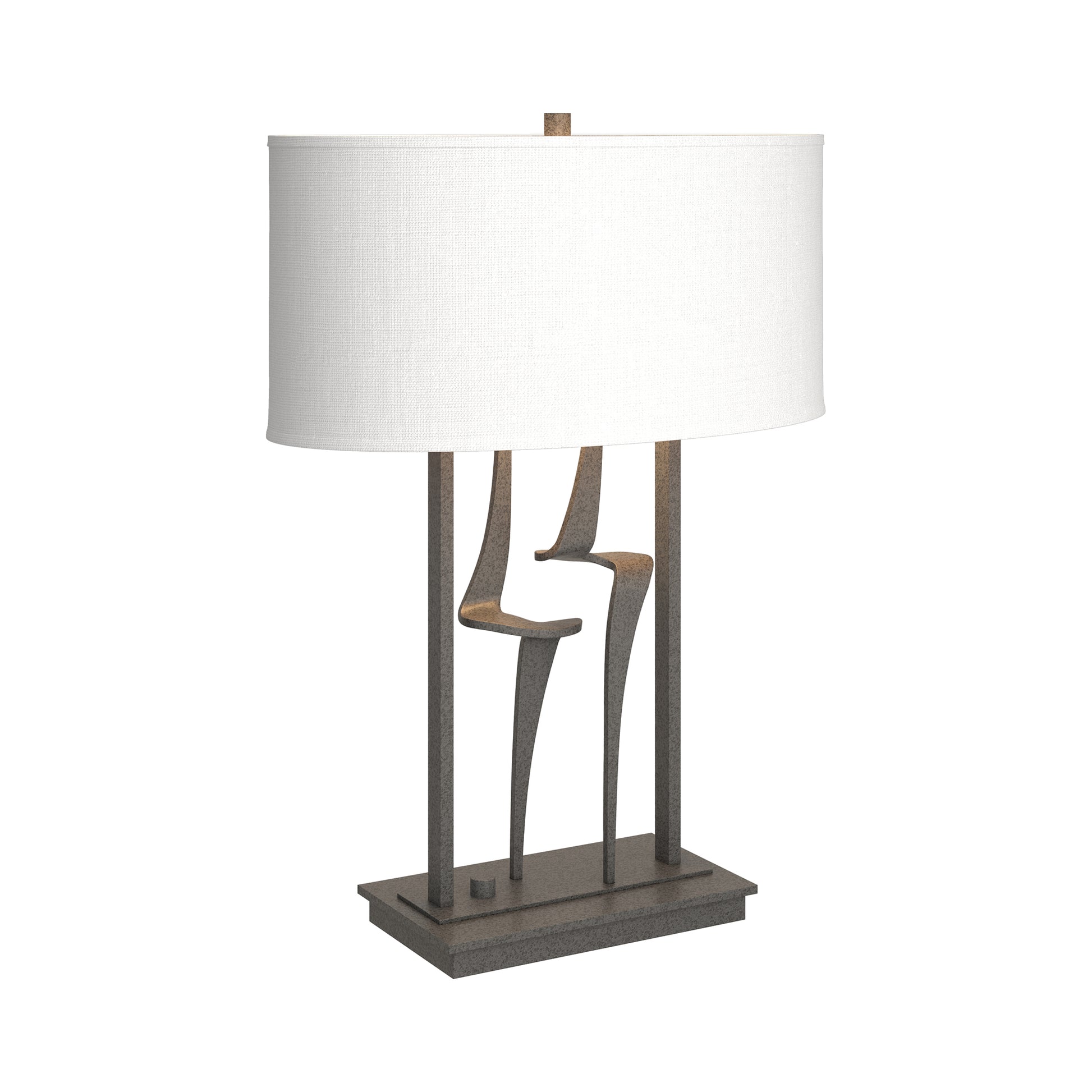 Antasia #1 Table Lamp by Hubbardton Forge featuring a sculptural metal base and white shade, showcasing a handcrafted modern design.