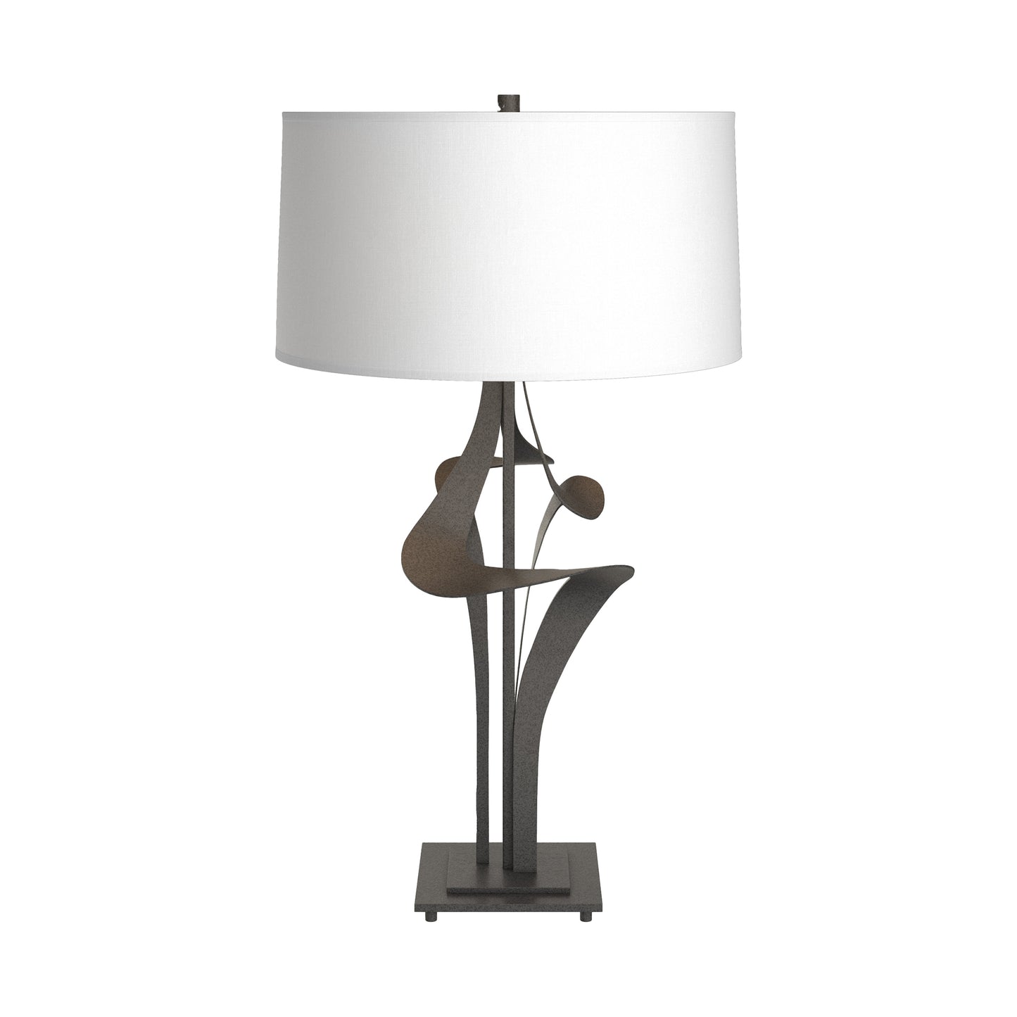 Antasia #2 Table Lamp by Hubbardton Forge, showcasing a handcrafted dark metal base and a sleek white drum shade, American-made artisan lighting.