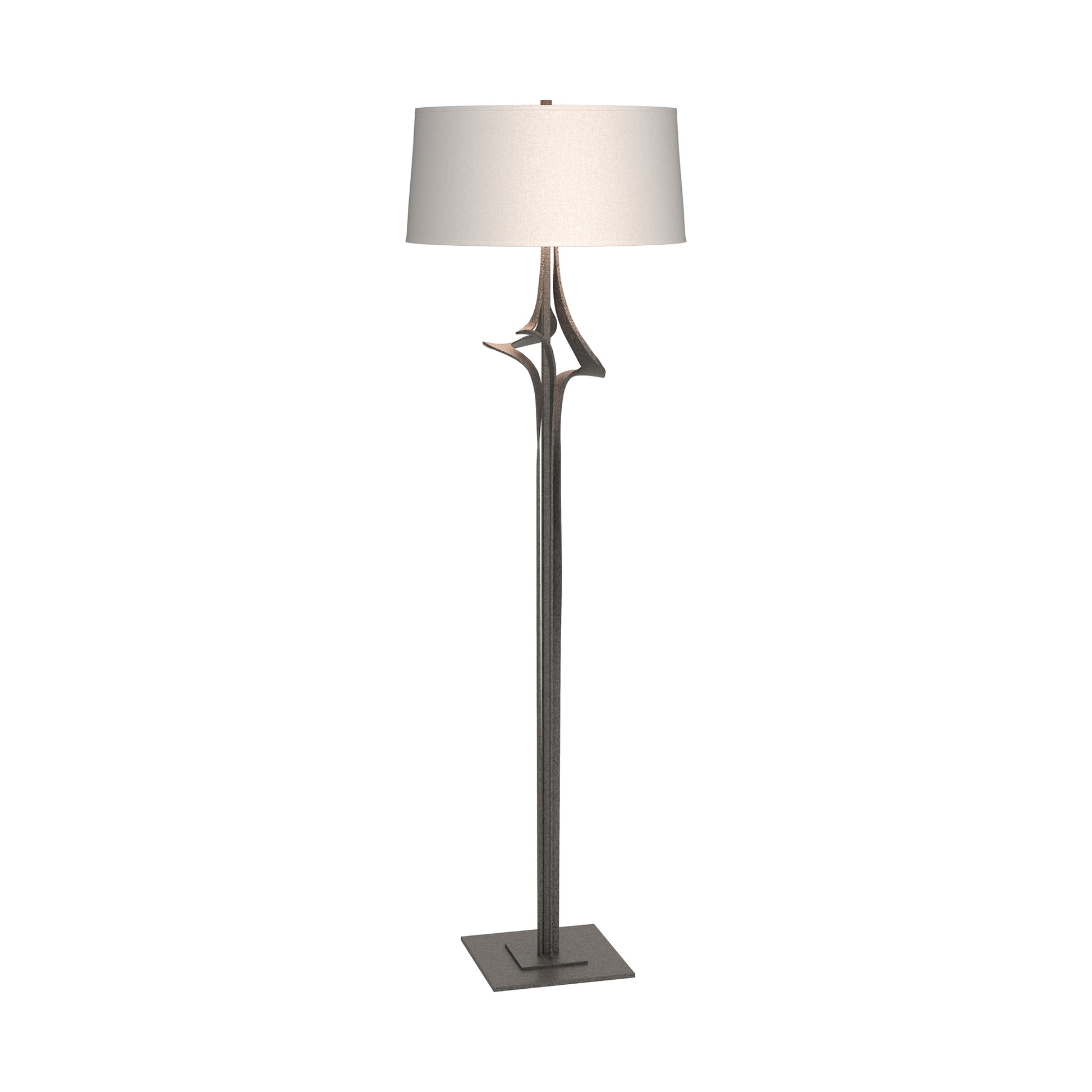 Antasia Floor Lamp by Hubbardton Forge with a square base, slim metal stand, and white cylindrical shade, showcasing elegant contemporary design.