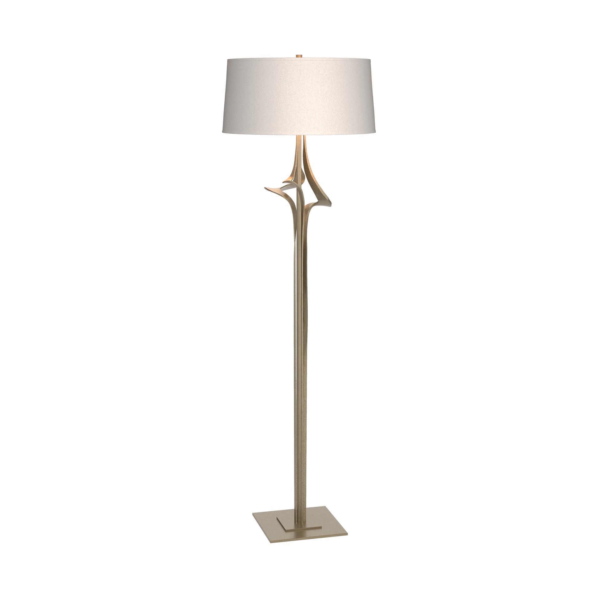 Antasia Floor Lamp by Hubbardton Forge with a tall metallic stand, branch-inspired detail, square base, and white drum shade.