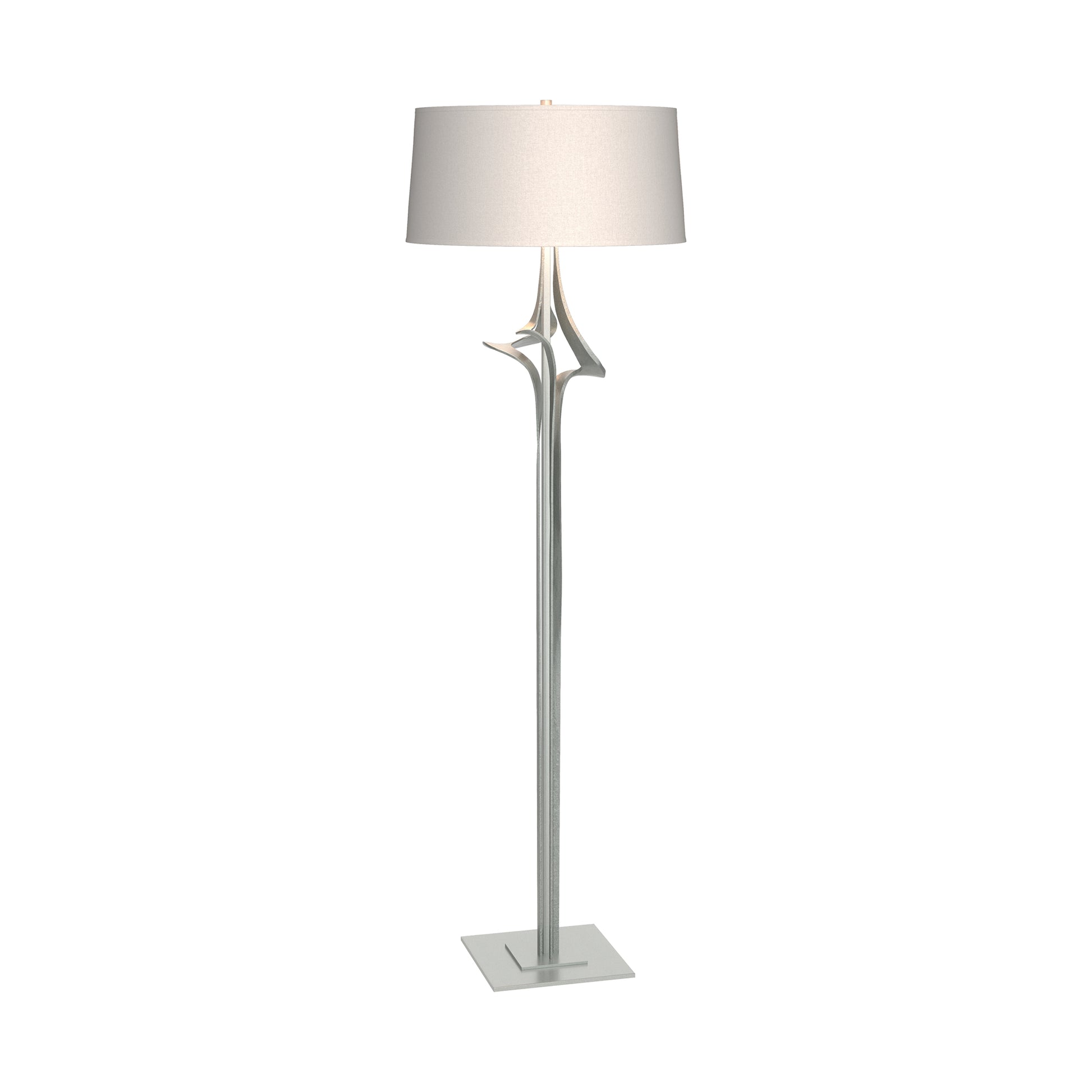 Hubbardton Forge Antasia Floor Lamp with sculptural silver stem and white drum shade, showcasing elegant American craftsmanship.