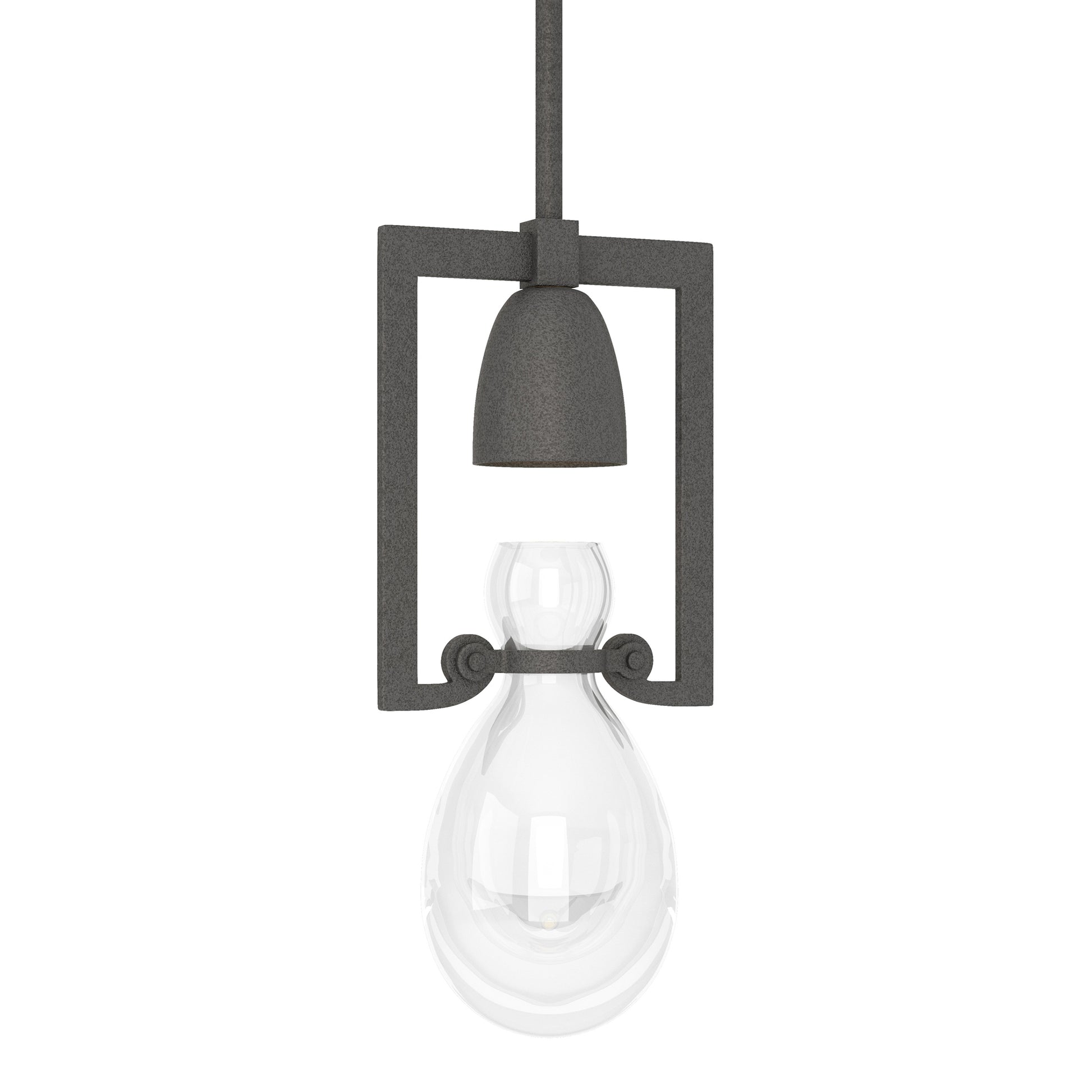 Hubbardton Forge Apothecary Mini Pendant light with hand-blown clear glass and geometric metal frame, highlighting modern industrial design.
