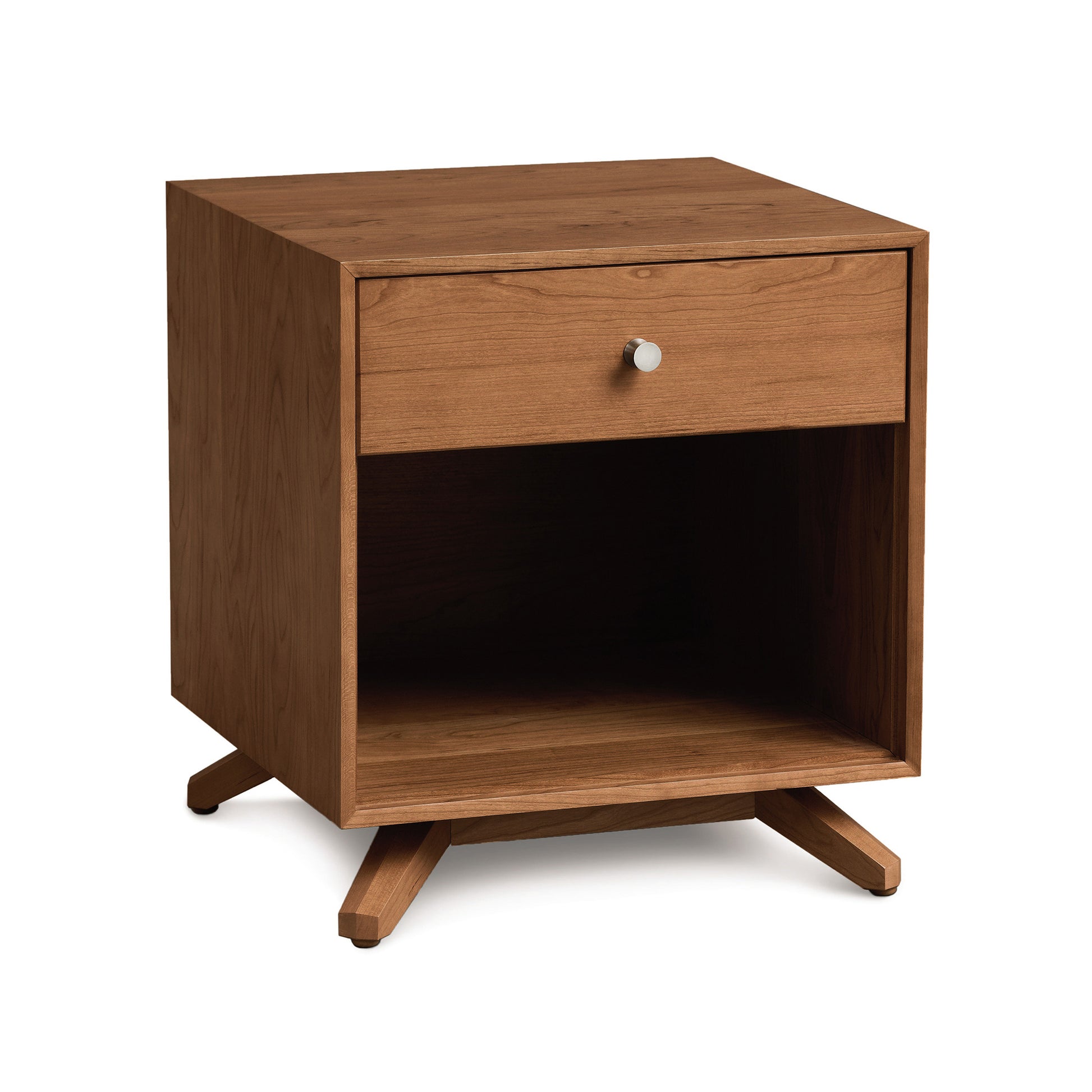 Astrid 1-Drawer Nightstand in solid hardwood with a metal-knobbed drawer and open shelf by Copeland Furniture.