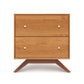 Copeland Furniture Astrid Nightstand with Scandinavian design, light brown finish, silver knobs, and wide angled legs.