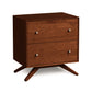 Astrid Nightstand by Copeland Furniture showcasing mid-century modern Scandinavian design with distinctive angled legs and round metal knobs.