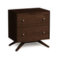 Astrid 2-Drawer Nightstand by Copeland Furniture in Scandinavian design with dark wood, silver knobs, and splayed legs.