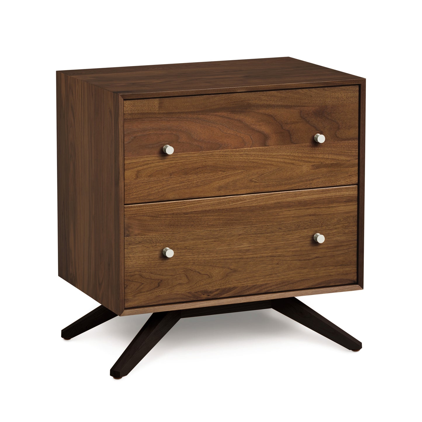Astrid 2-Drawer Nightstand by Copeland Furniture showcasing Scandinavian design with metal knobs and angled legs.