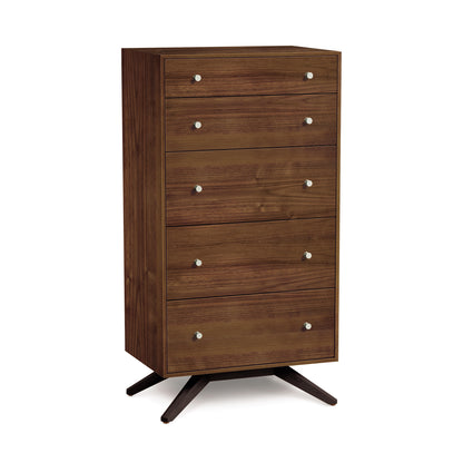 Astrid 5-Drawer Chest by Copeland Furniture, crafted in eco-friendly solid cherry wood with round metal knobs.