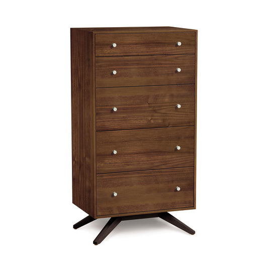 Astrid 5-Drawer Chest by Copeland Furniture, crafted in eco-friendly solid cherry wood with round metal knobs.