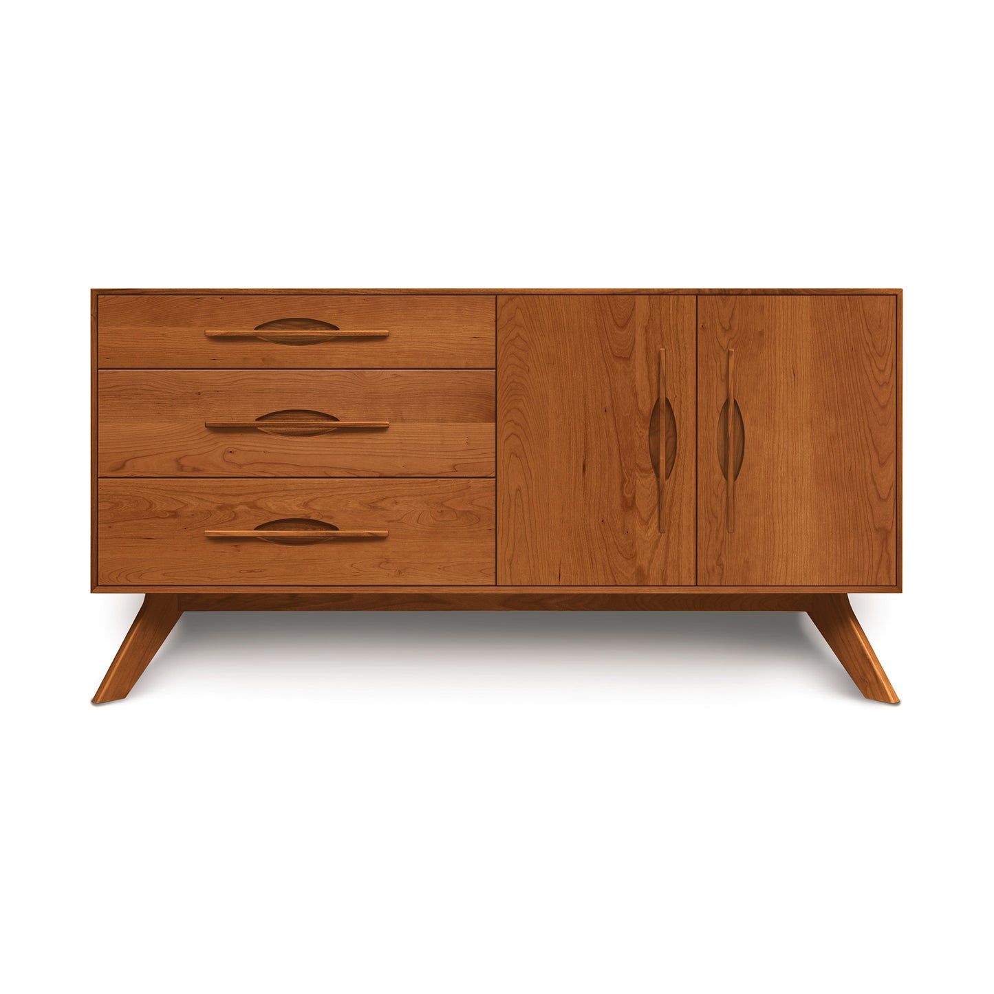 Copeland Furniture Audrey buffet with 2 doors, 3 drawers, recessed handles, and angled legs crafted in elegant solid wood.