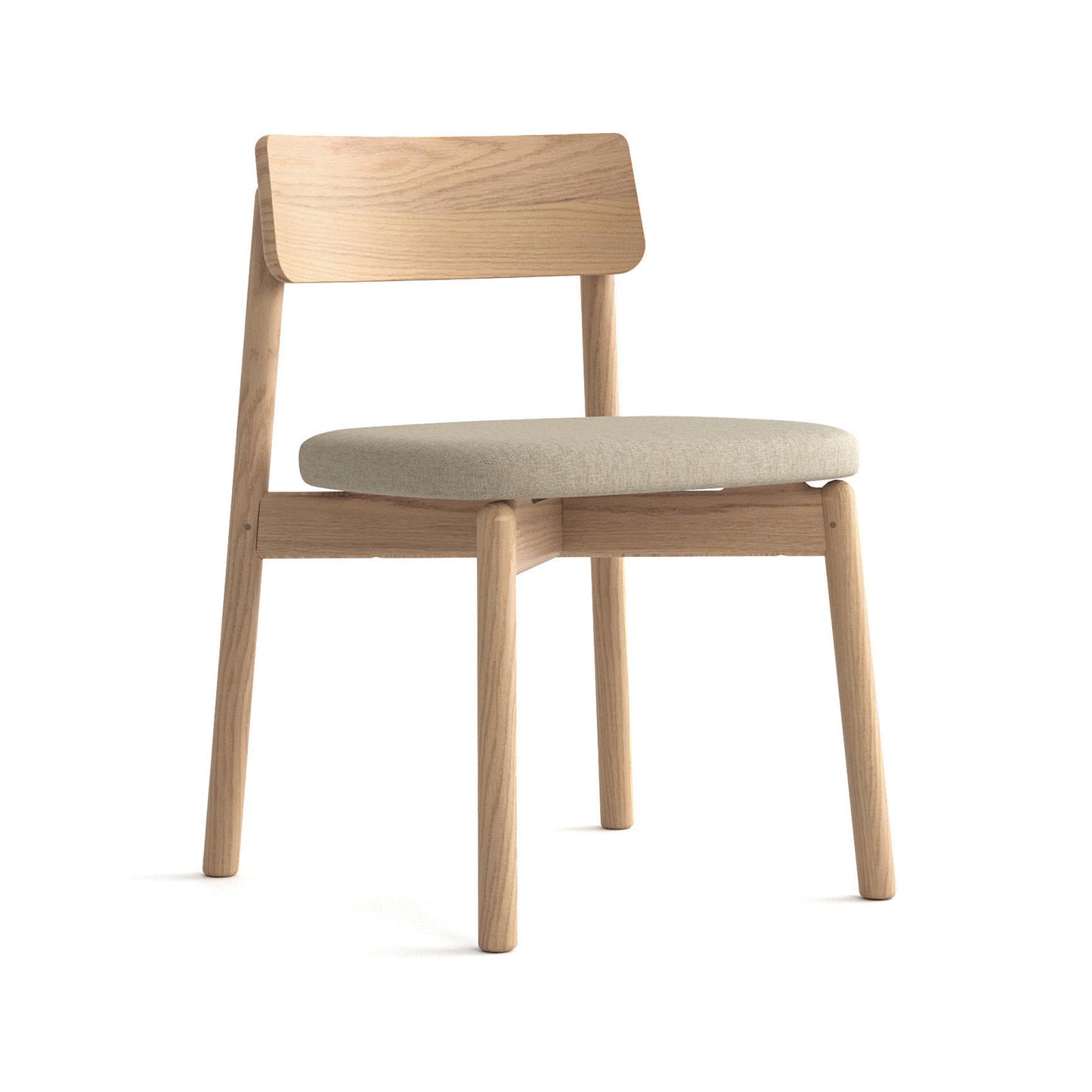Baton Chair by Copeland Furniture showcasing a light beige cushion, curved wooden backrest, and straight legs. American made, high quality craftsmanship.