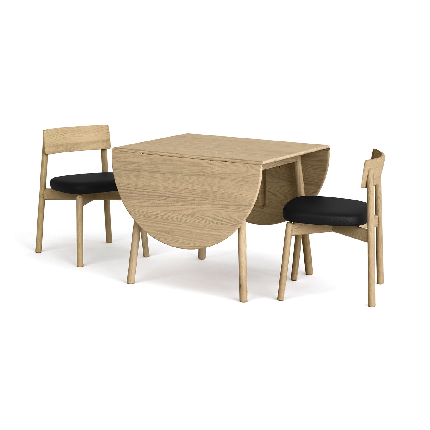 Copeland Furniture Baton Drop-Leaf Dining Table with two matching chairs featuring black cushions, showcasing elegant American-made craftsmanship.
