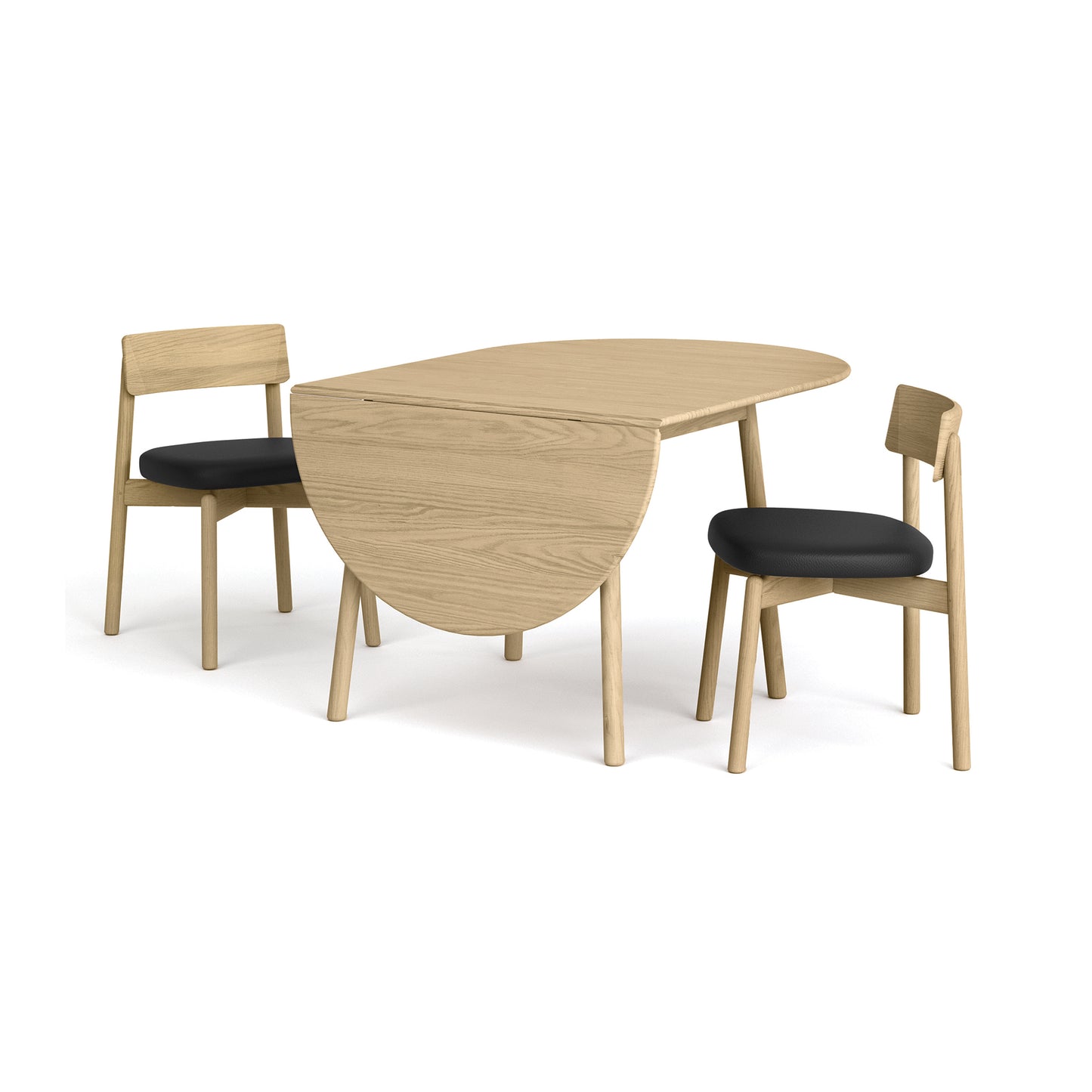 Baton Drop-Leaf Dining Table by Copeland Furniture paired with two black-cushioned Mid-Century Modern chairs, American made.