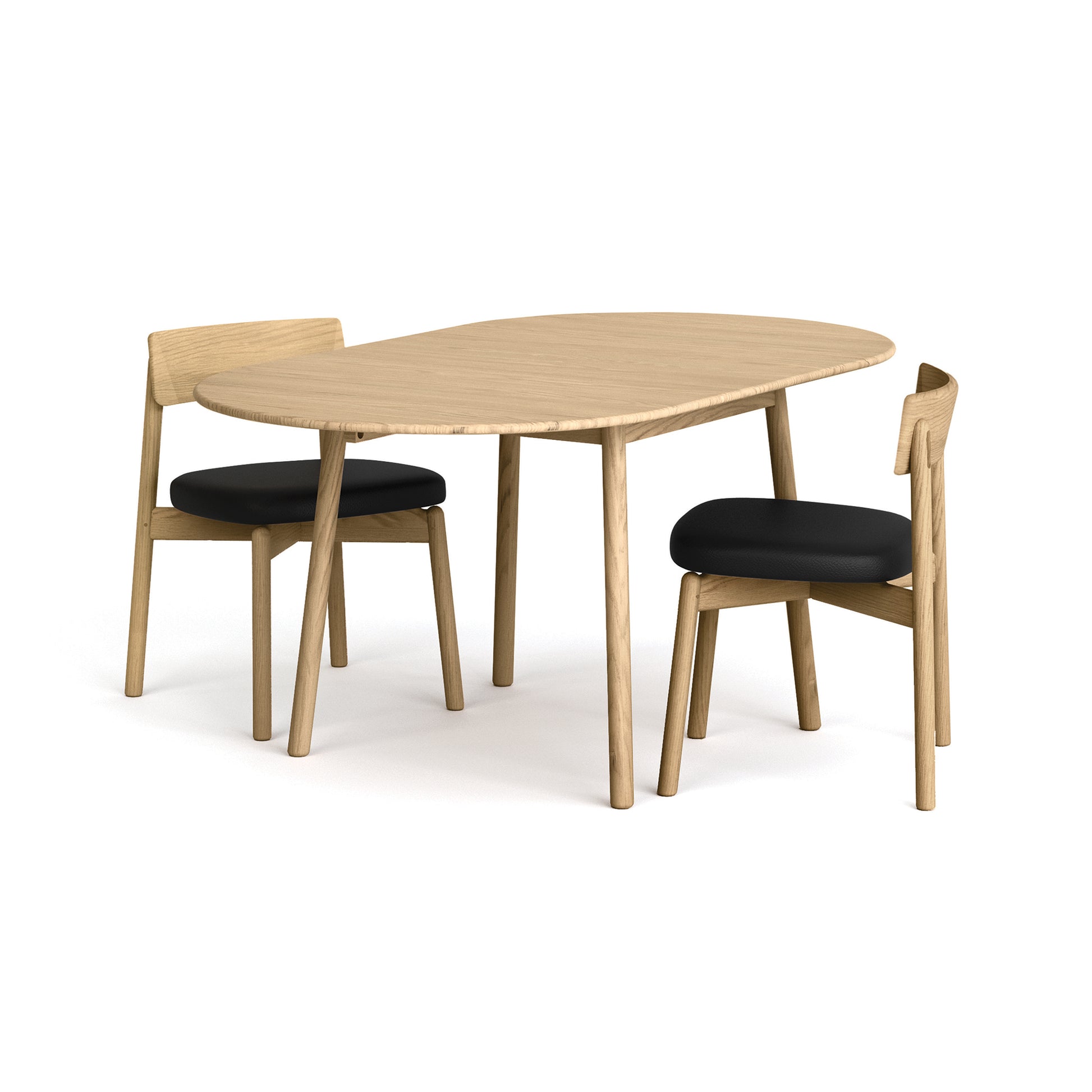 Copeland Furniture Baton Drop-Leaf Dining Table set with mid-century design, rounded edges, and matching chairs handcrafted in Vermont.