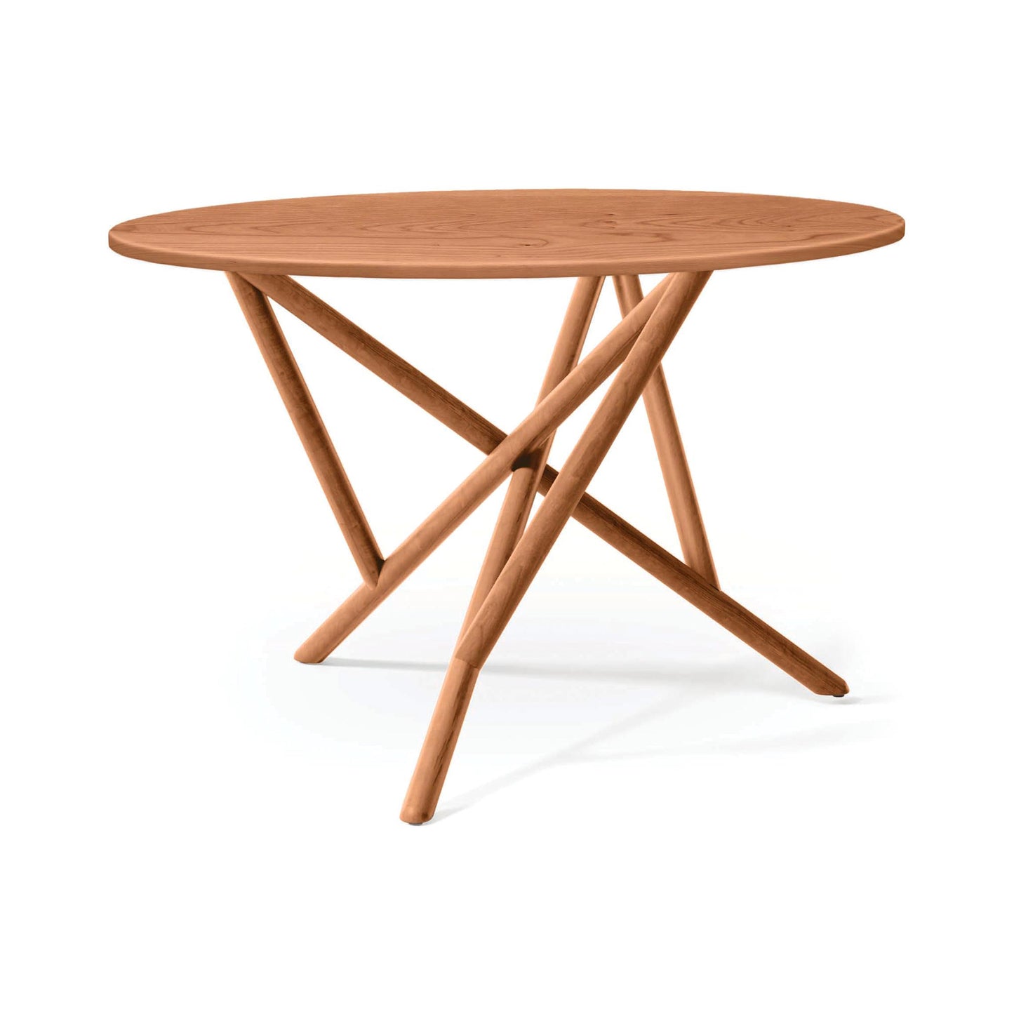 Baton Round Solid Top Dining Table by Copeland Furniture with a smooth wood top and angled legs, crafted in America; focus is on the table itself.