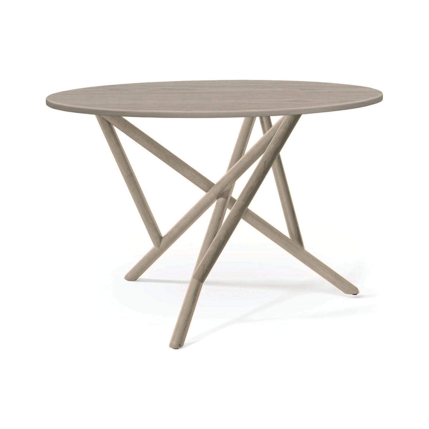 Baton Round Solid Top Dining Table by Copeland Furniture with a light wood finish and distinct intersecting angled legs, crafted in Vermont, USA.