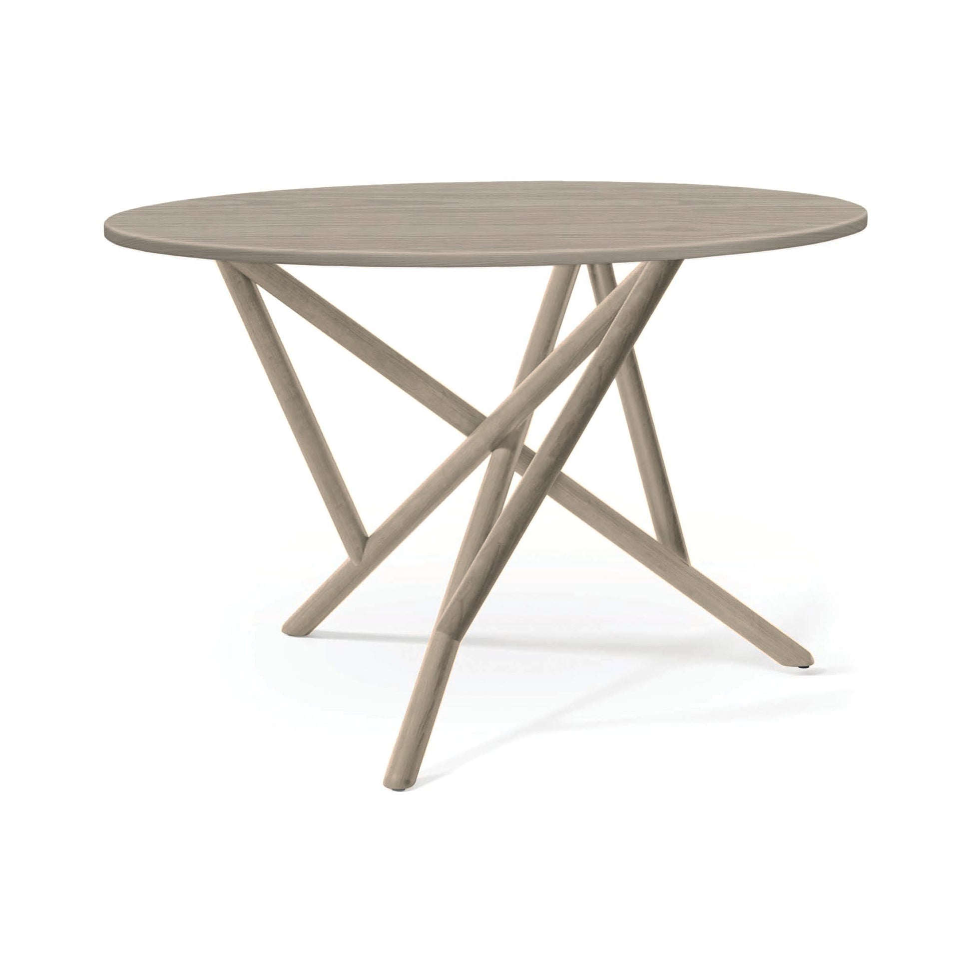 Baton Round Solid Top Dining Table by Copeland Furniture with a light wood finish and distinct intersecting angled legs, crafted in Vermont, USA.