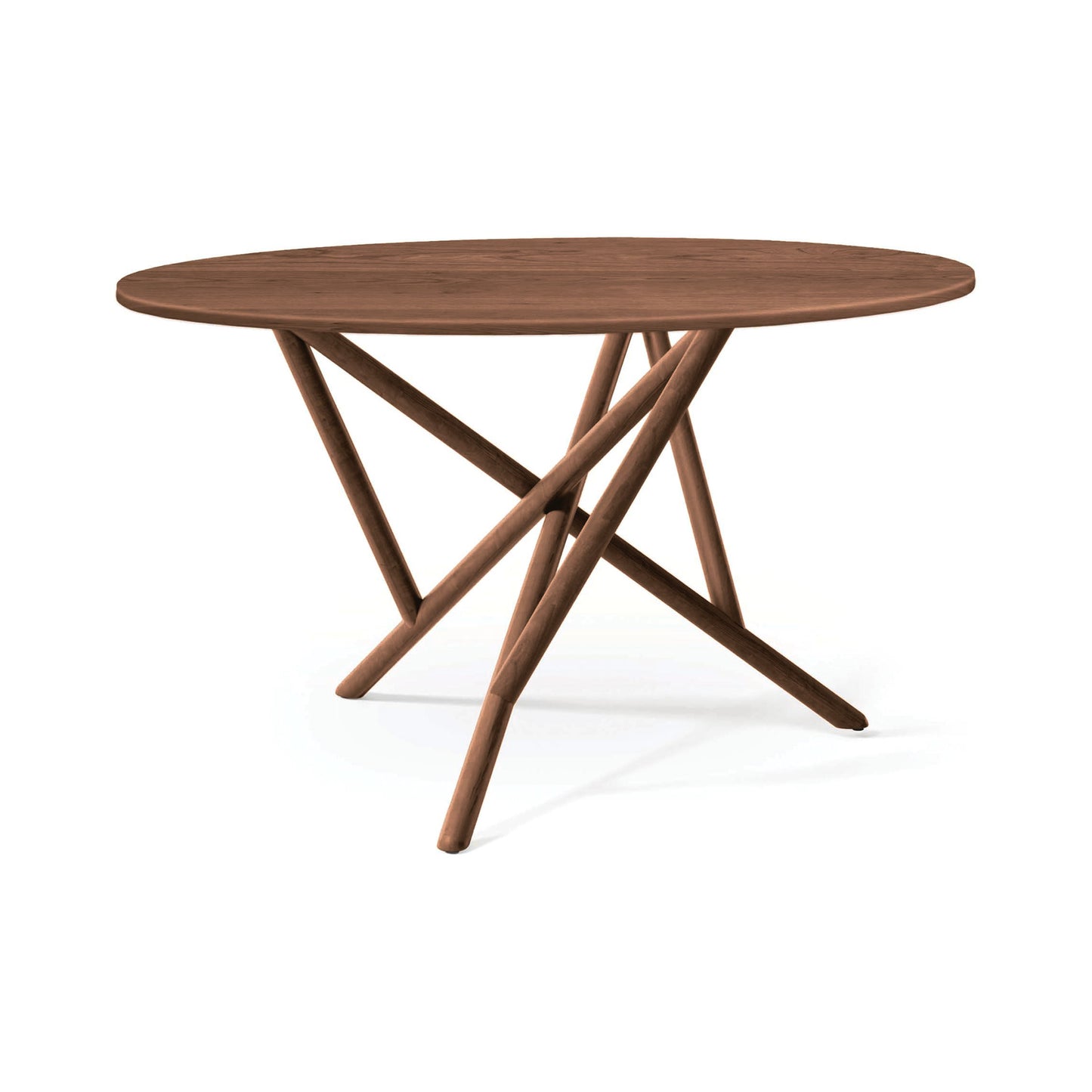 Baton Round Solid Top Dining Table by Copeland Furniture with intersecting angled legs, showcasing quality American craftsmanship.