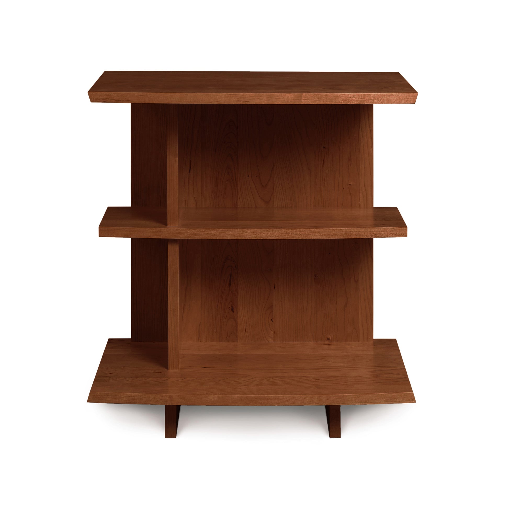 Berkeley Open Shelf Nightstand by Copeland Furniture with three staggered shelves and short angled legs, crafted in America from quality hardwood.