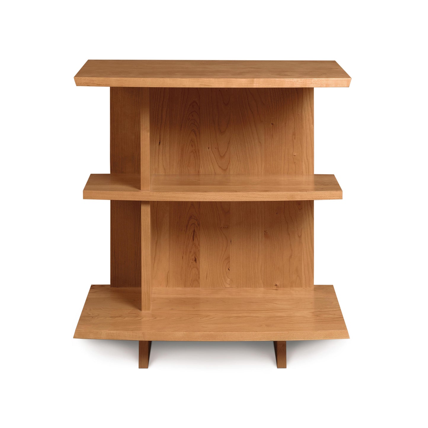 Copeland Furniture Berkeley Open Shelf Nightstand featuring three staggered shelves and two short legs, displayed in a front-facing view.