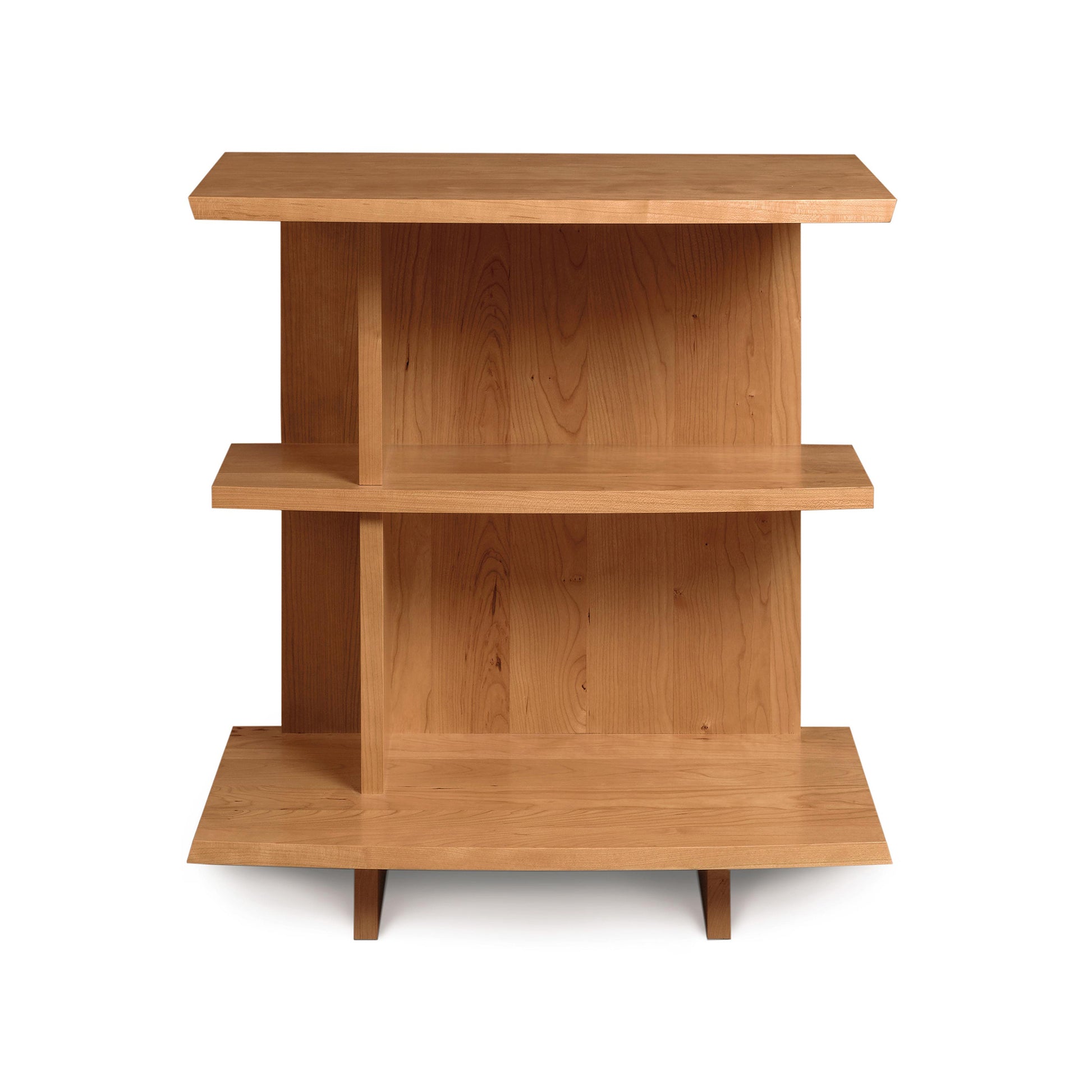 Copeland Furniture Berkeley Open Shelf Nightstand featuring three staggered shelves and two short legs, displayed in a front-facing view.