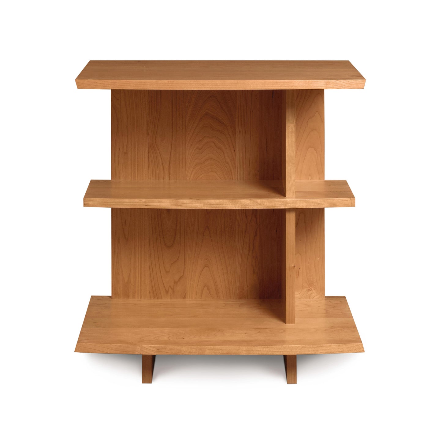 Berkeley Open Shelf Nightstand by Copeland Furniture features three tiers, an asymmetrical light brown wood design, and four short legs. American made quality.