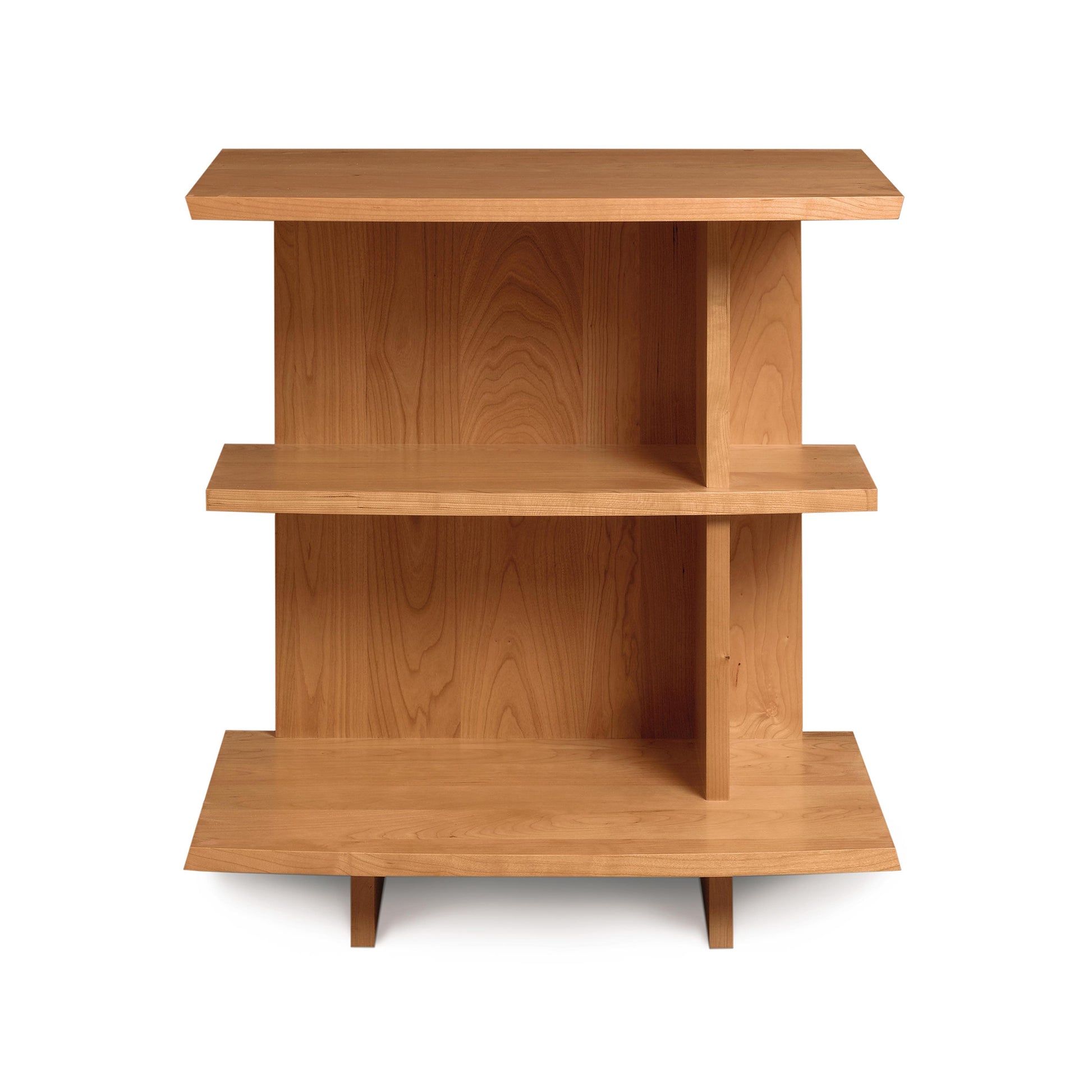Berkeley Open Shelf Nightstand by Copeland Furniture features three tiers, an asymmetrical light brown wood design, and four short legs. American made quality.