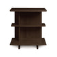 Copeland Furniture Berkeley Open Shelf Nightstand with three dark brown shelves and angular legs, showcasing Vermont-made craftsmanship.