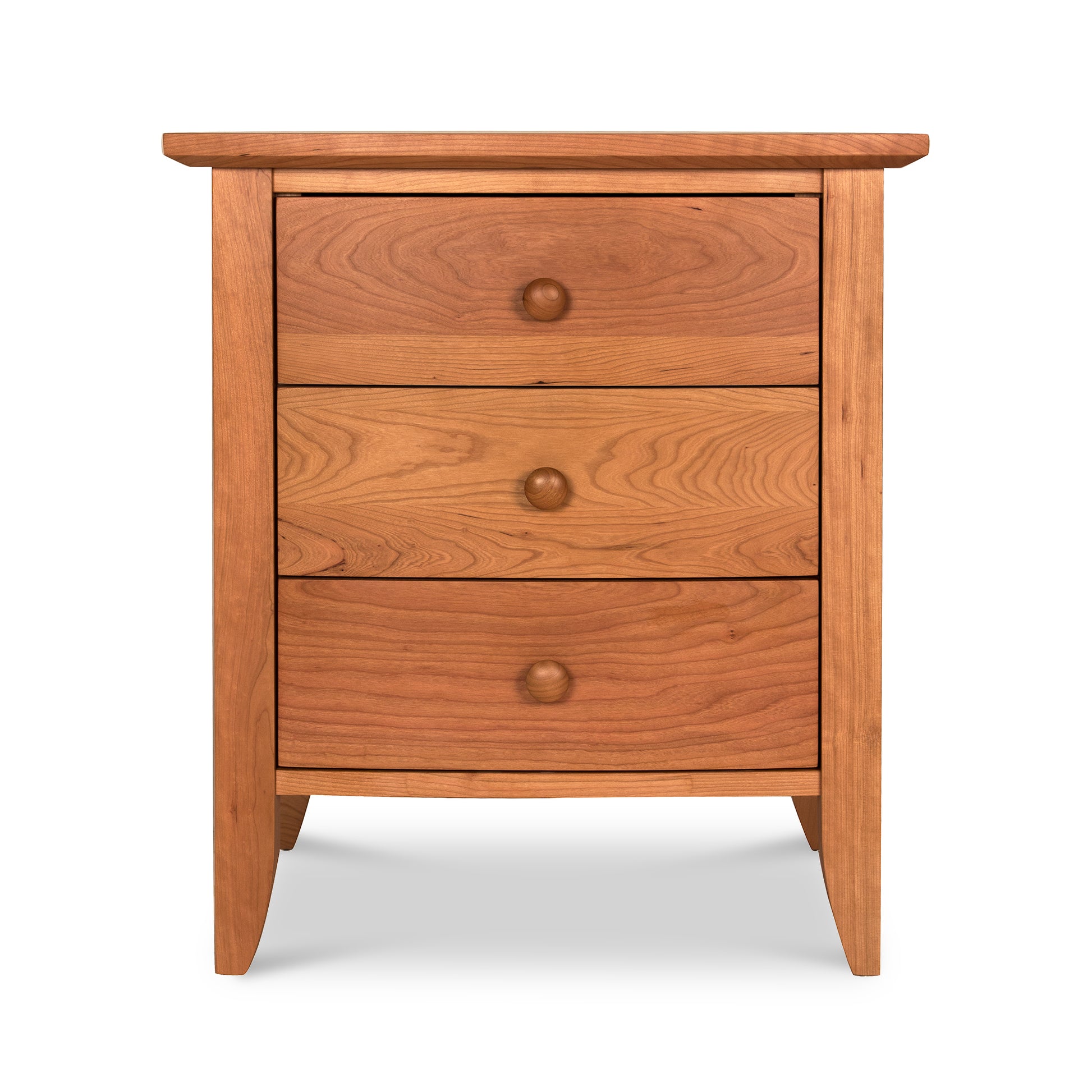 Lyndon Furniture Bow Front 3-Drawer Nightstand with round knobs, expertly handcrafted from sustainably sourced Vermont wood.