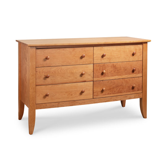 Lyndon Furniture Bow Front 6-Drawer Dresser with round knobs and a natural light wood finish, showcasing classic Vermont craftsmanship.