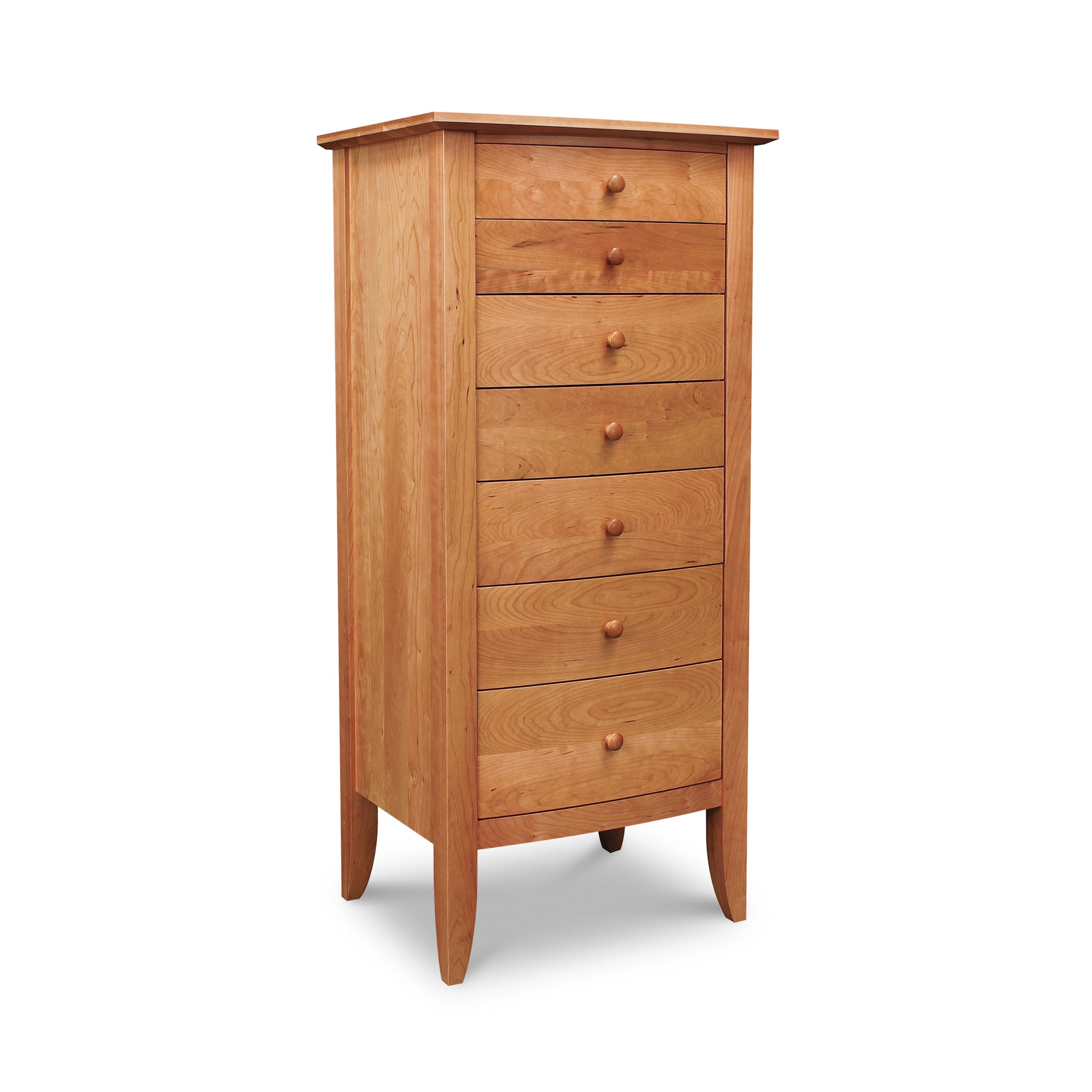 Lyndon Furniture Bow Front 7-Drawer Lingerie Chest handcrafted from sustainable hardwoods, showcasing elegant wood grain and sleek bow front design.