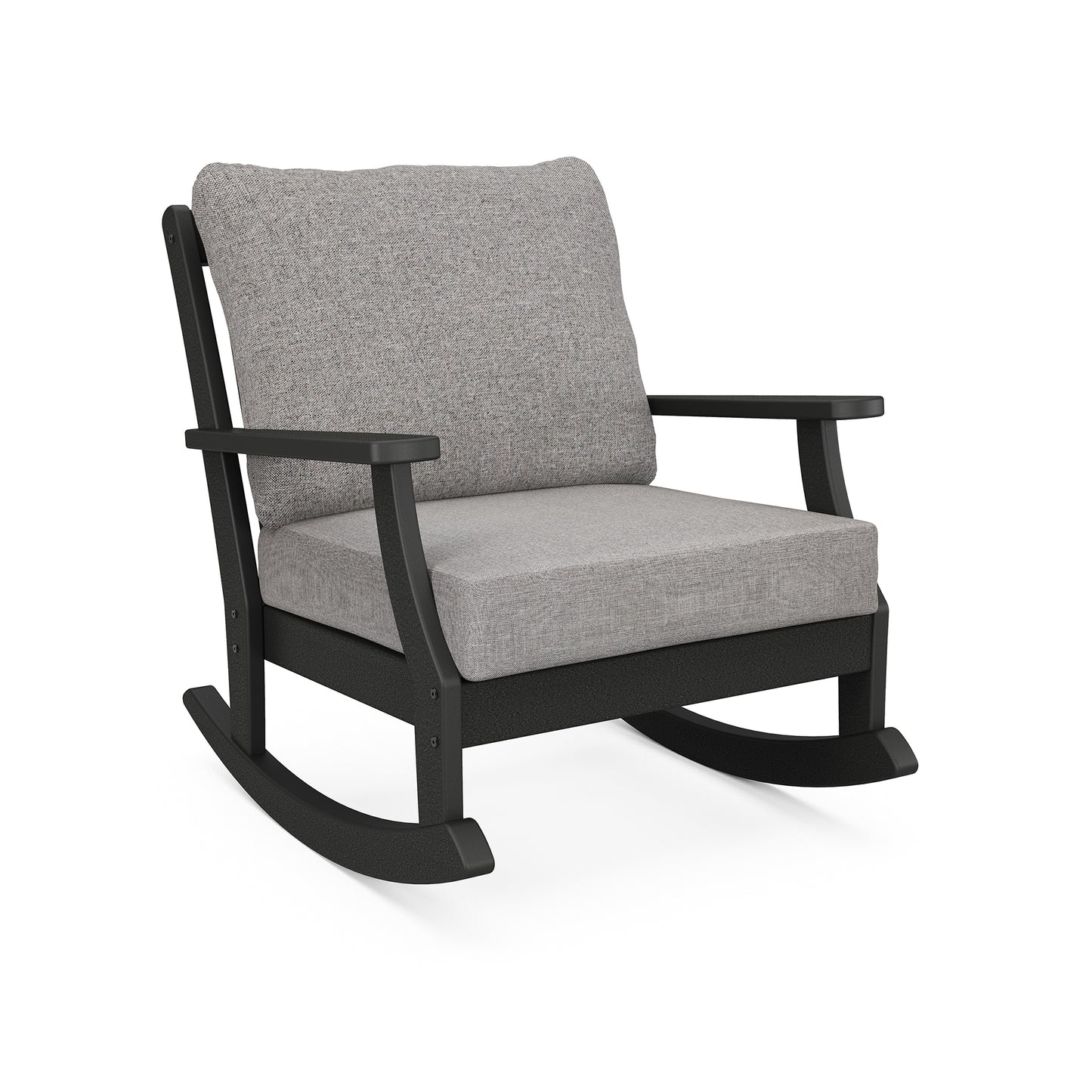 POLYWOOD Braxton Rocking Chair with a dark wooden frame and light gray cushions for elegant, sustainable seating.