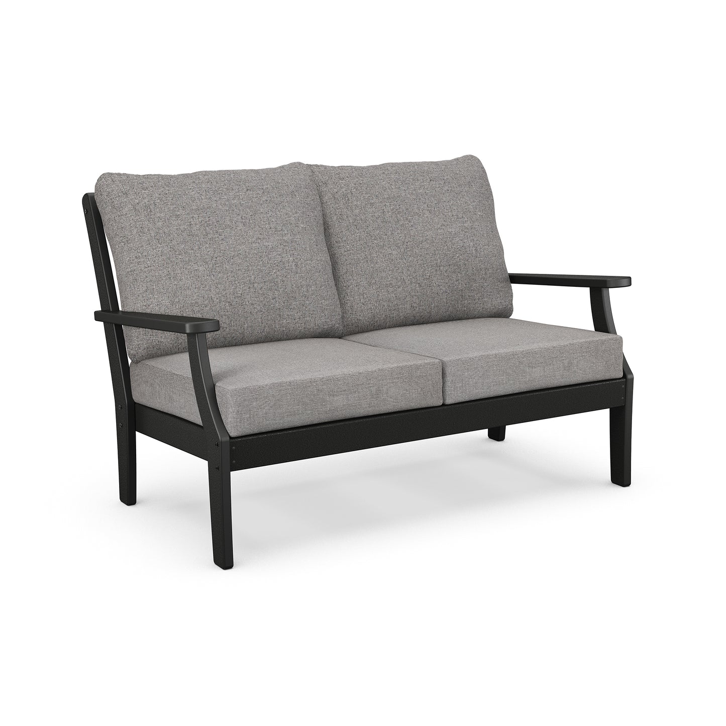 POLYWOOD Braxton Deep Seating Settee with black frame and light gray cushions made from durable recycled plastic lumber.