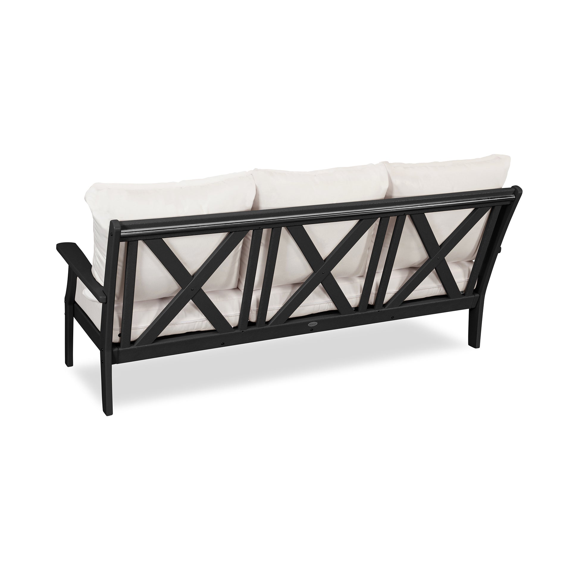 POLYWOOD Braxton Deep Seating Sofa featuring a crisscross backrest and white cushions.