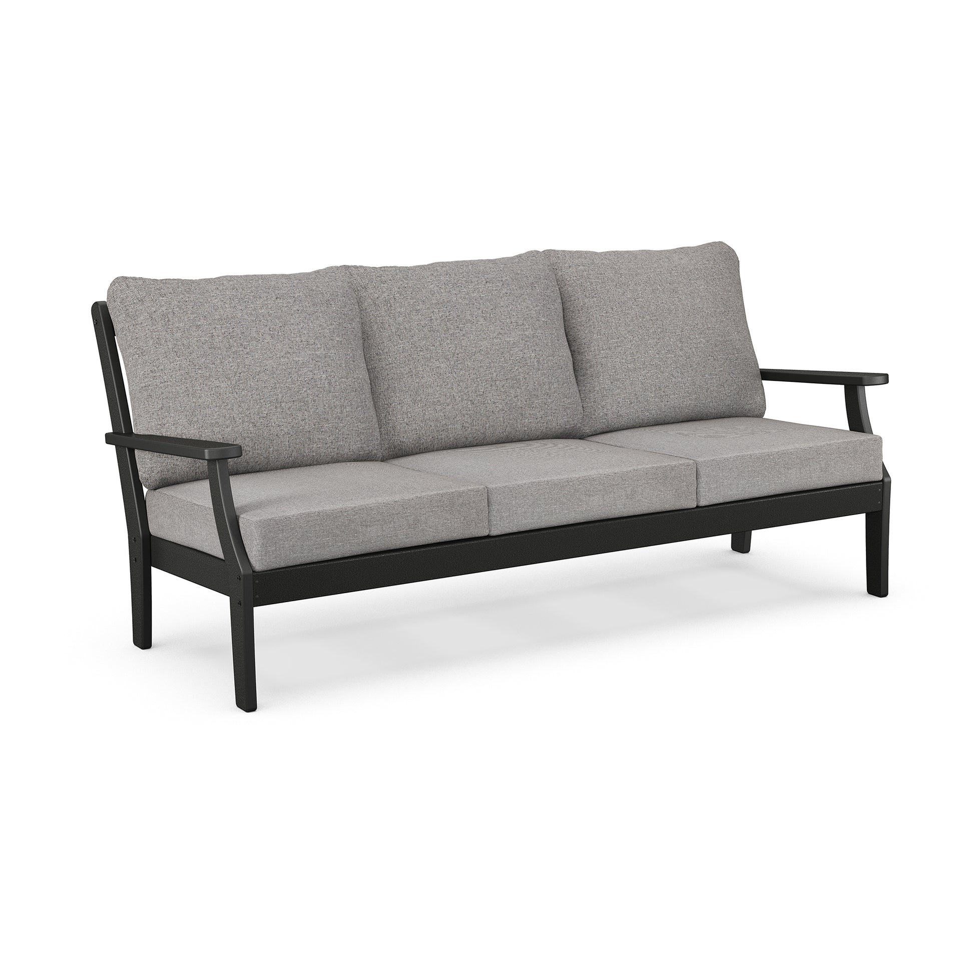 Gray POLYWOOD Braxton Sofa with cushions and weather-resistant black armrests and frame.