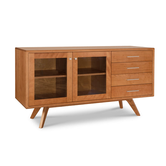 Brighton Buffet by Lyndon Furniture featuring solid wood construction, four drawers, glass doors, and mid-century modern legs.