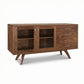 Lyndon Furniture Brighton Buffet features solid wood construction, mid-century modern design, glass doors, four drawers, and angled legs.