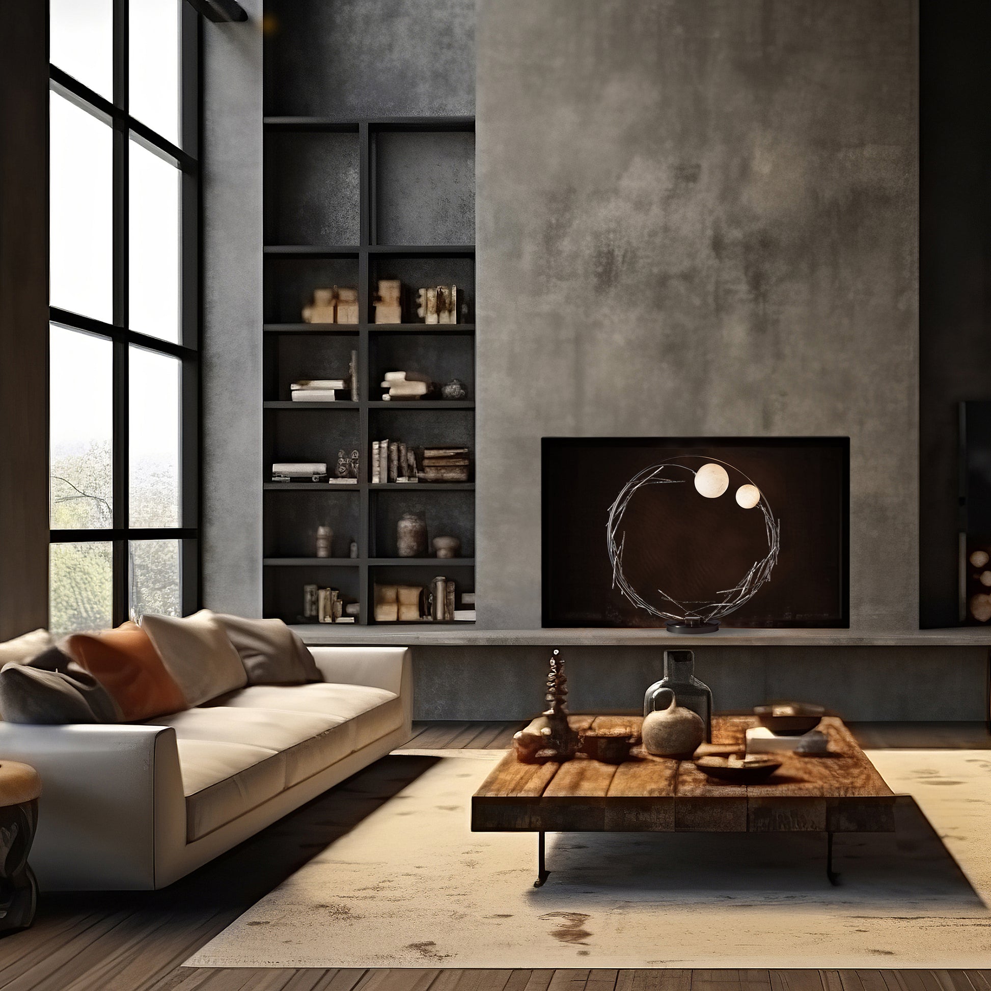 Gray American-made sofa and solid wood coffee table take center stage in a modern living room, highlighting Vermont-crafted furniture quality.